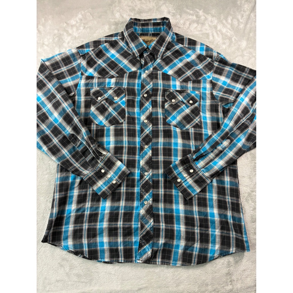 Wrangler Western Fashion Snap Shirt Blue Black Plaid Pearl Snap Mens Large